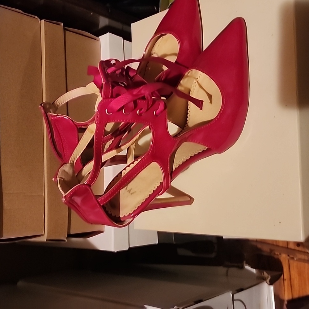 Red patent leather stilleto lace up pumps Size 9.5